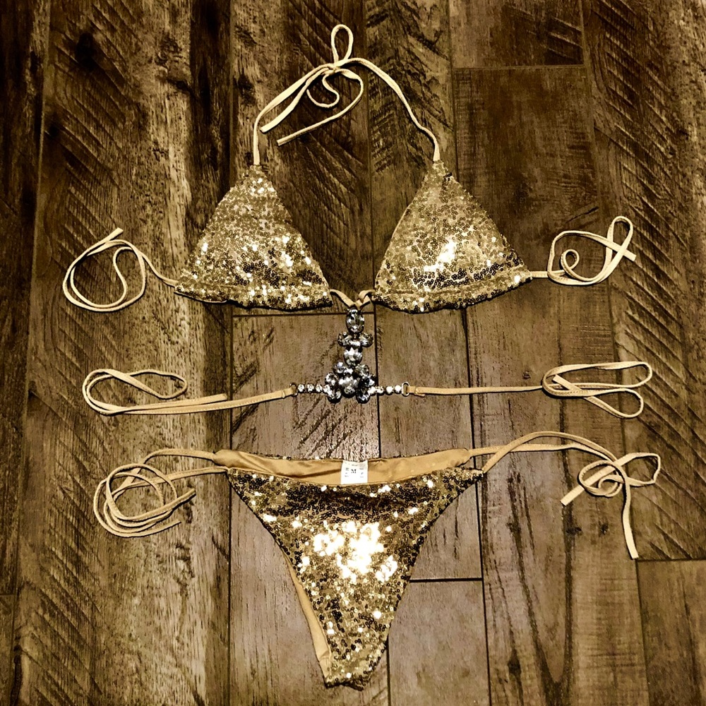 NWT competition bikini gold Sequin Rhinestone crystal gorgeous sexy bikini FIRM - Picture 5 of 10